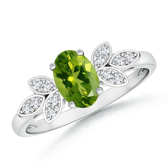 7x5mm AAAA Vintage Style Oval Peridot Ring with Diamond Accents in White Gold