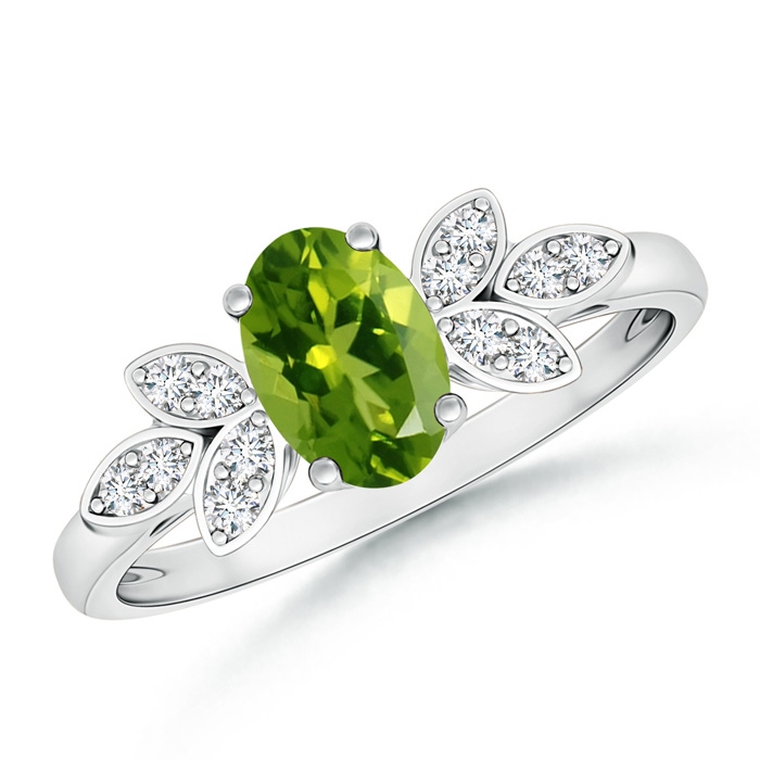 7x5mm AAAA Vintage Style Oval Peridot Ring with Diamond Accents in White Gold 