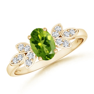 7x5mm AAAA Vintage Style Oval Peridot Ring with Diamond Accents in Yellow Gold