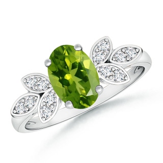 8x6mm AAAA Vintage Style Oval Peridot Ring with Diamond Accents in White Gold