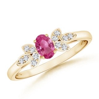 5x3mm AAAA Vintage Style Oval Pink Sapphire Ring with Diamond Accents in Yellow Gold