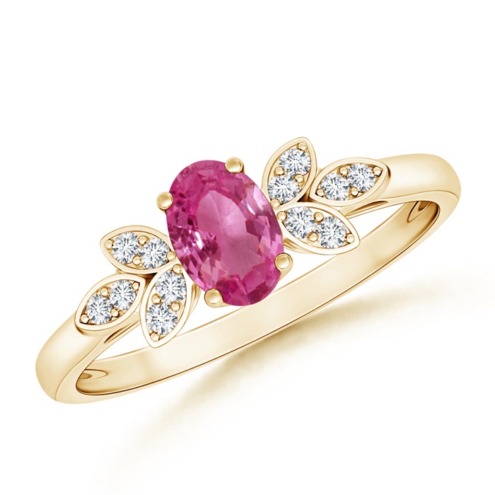 6x4mm AAAA Vintage Style Oval Pink Sapphire Ring with Diamond Accents in Yellow Gold 