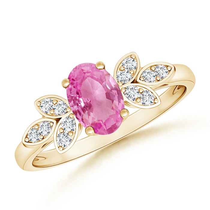 7x5mm AA Vintage Style Oval Pink Sapphire Ring with Diamond Accents in Yellow Gold 