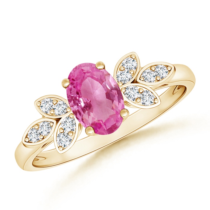 7x5mm AAA Vintage Style Oval Pink Sapphire Ring with Diamond Accents in Yellow Gold 