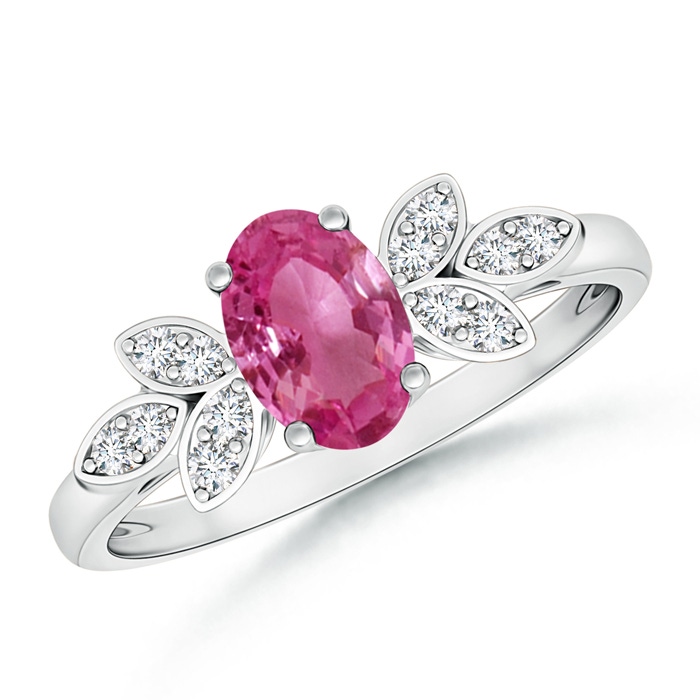 7x5mm AAAA Vintage Style Oval Pink Sapphire Ring with Diamond Accents in White Gold 