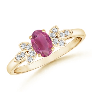6x4mm AAA Vintage Style Oval Pink Tourmaline Ring with Diamond Accents in Yellow Gold