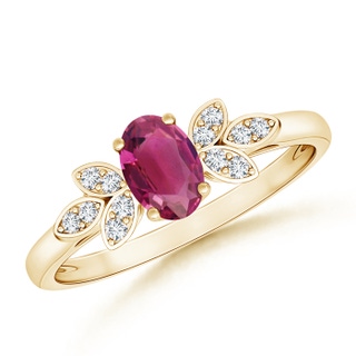 6x4mm AAAA Vintage Style Oval Pink Tourmaline Ring with Diamond Accents in 10K Yellow Gold
