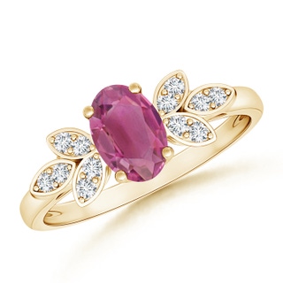 7x5mm AAA Vintage Style Oval Pink Tourmaline Ring with Diamond Accents in Yellow Gold