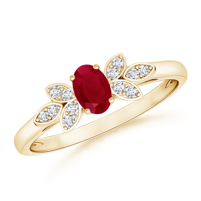 5x3mm AA Vintage Style Oval Ruby Ring with Diamond Accents in Yellow Gold 