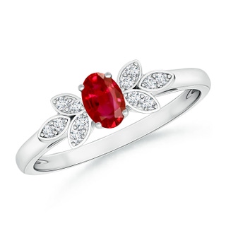 5x3mm AAA Vintage Style Oval Ruby Ring with Diamond Accents in 9K White Gold