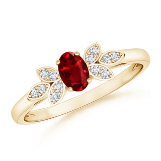 5x3mm AAAA Vintage Style Oval Ruby Ring with Diamond Accents in Yellow Gold