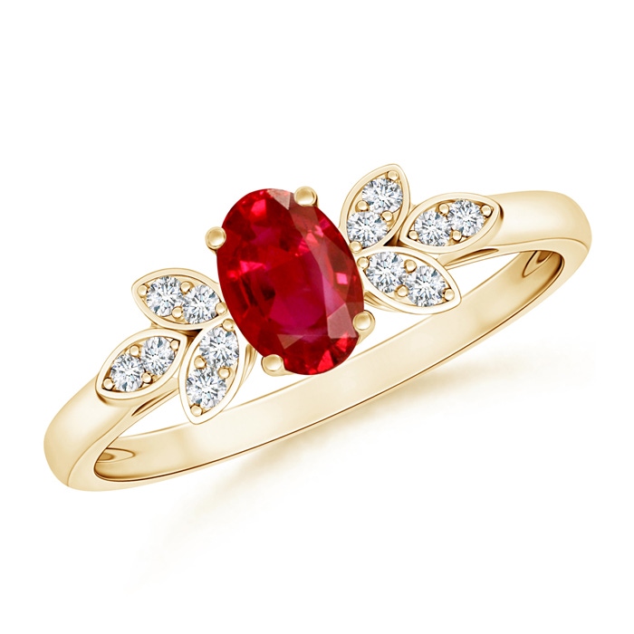 6x4mm AAA Vintage Style Oval Ruby Ring with Diamond Accents in 9K Yellow Gold