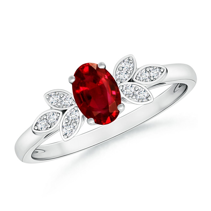 6x4mm AAAA Vintage Style Oval Ruby Ring with Diamond Accents in White Gold