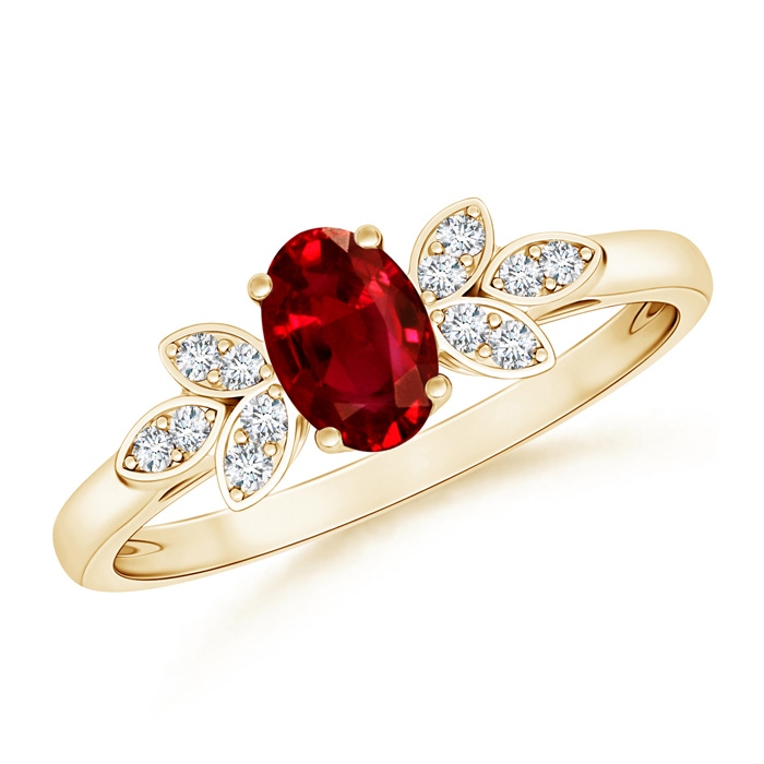 6x4mm AAAA Vintage Style Oval Ruby Ring with Diamond Accents in Yellow Gold 