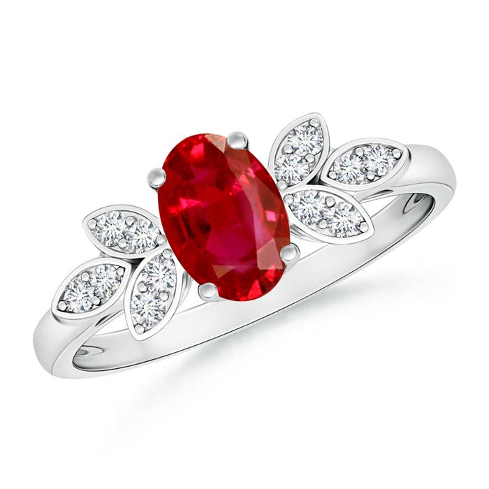 7x5mm AAA Vintage Style Oval Ruby Ring with Diamond Accents in P950 Platinum