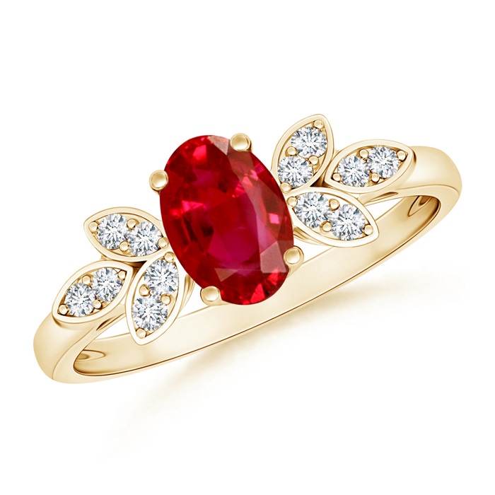 7x5mm AAA Vintage Style Oval Ruby Ring with Diamond Accents in Yellow Gold 