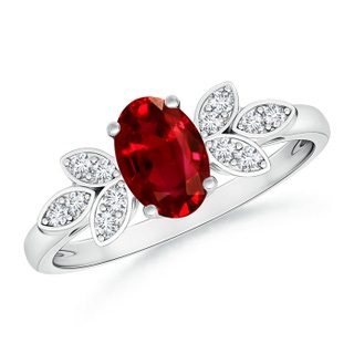 7x5mm AAAA Vintage Style Oval Ruby Ring with Diamond Accents in White Gold