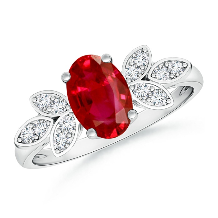 8x6mm AAA Vintage Style Oval Ruby Ring with Diamond Accents in P950 Platinum 