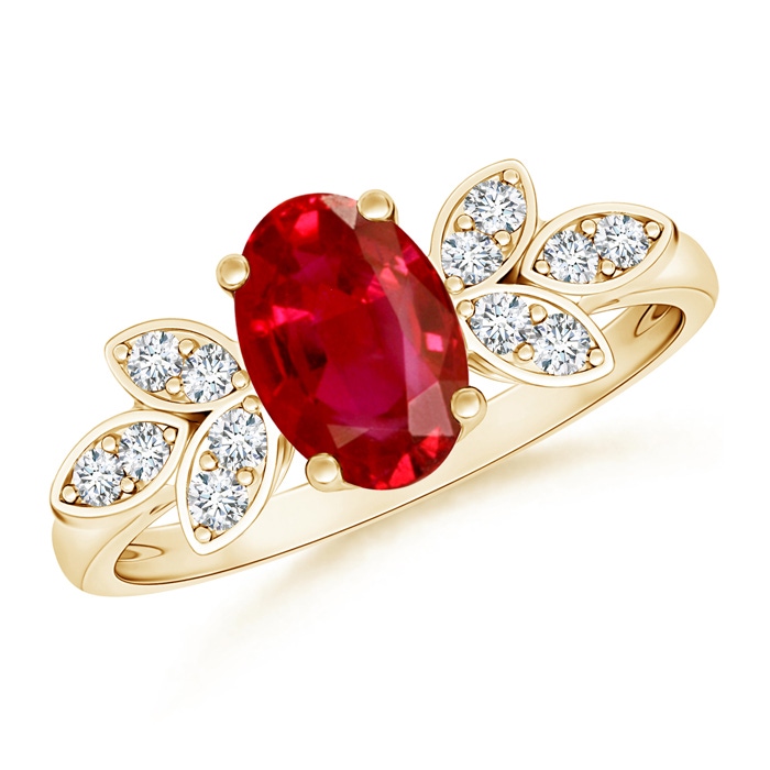 8x6mm AAA Vintage Style Oval Ruby Ring with Diamond Accents in Yellow Gold 