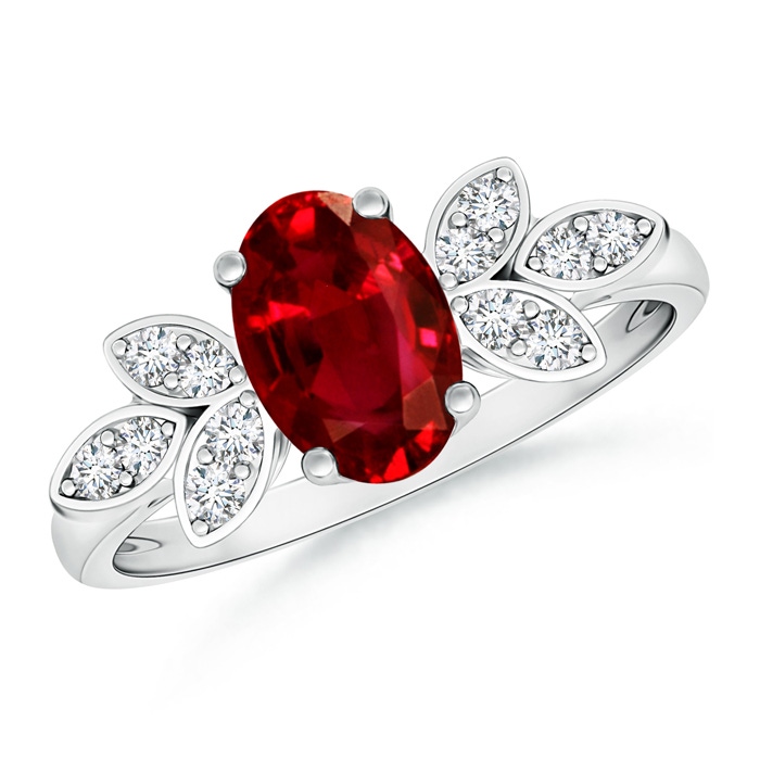 8x6mm AAAA Vintage Style Oval Ruby Ring with Diamond Accents in White Gold 