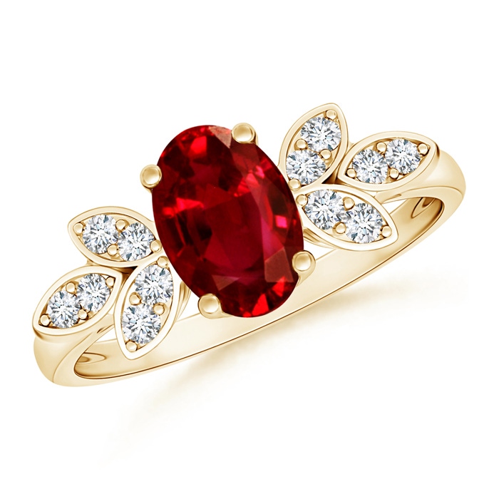 8x6mm AAAA Vintage Style Oval Ruby Ring with Diamond Accents in Yellow Gold 