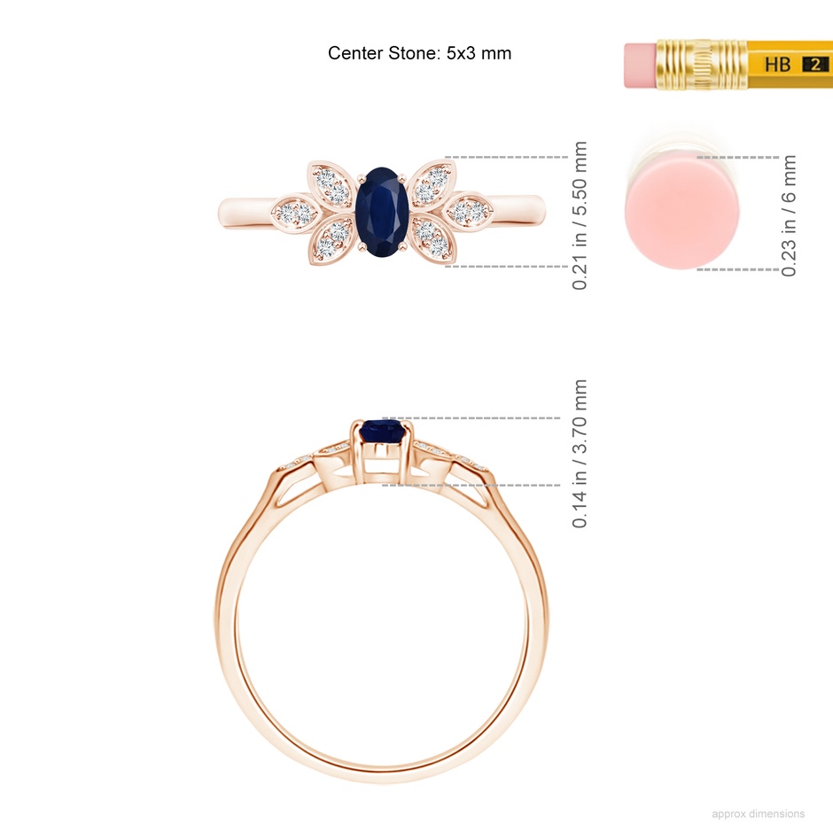 5x3mm A Vintage Style Oval Blue Sapphire Ring with Diamond Accents in 9K Rose Gold ruler