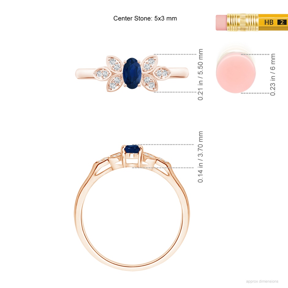 5x3mm AA Vintage Style Oval Blue Sapphire Ring with Diamond Accents in Rose Gold ruler