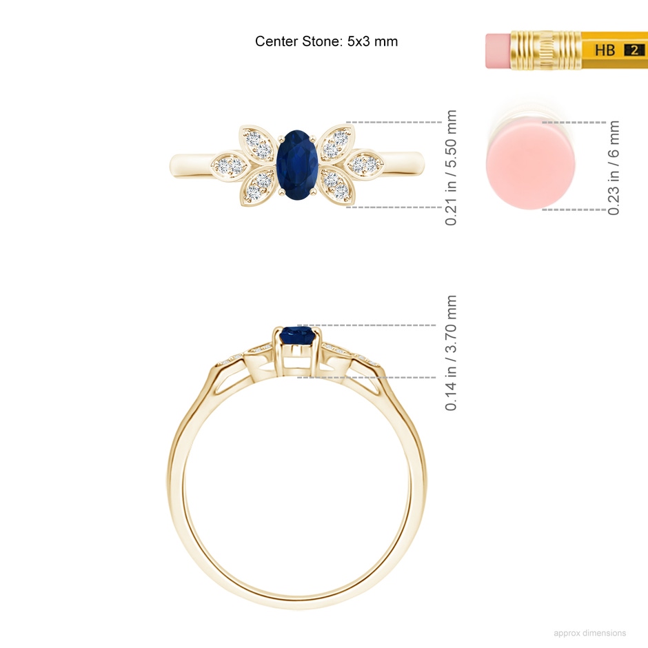 5x3mm AA Vintage Style Oval Blue Sapphire Ring with Diamond Accents in Yellow Gold ruler