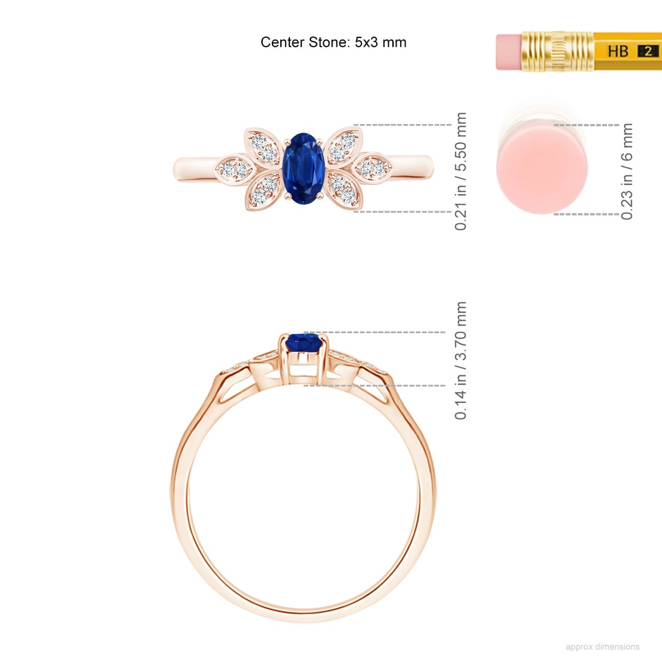 5x3mm AAA Vintage Style Oval Blue Sapphire Ring with Diamond Accents in Rose Gold ruler