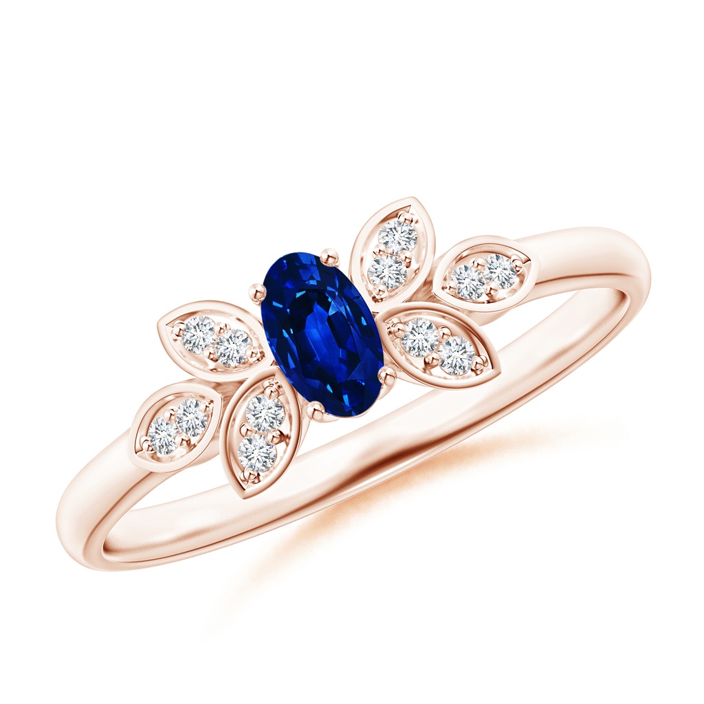 5x3mm AAAA Vintage Style Oval Blue Sapphire Ring with Diamond Accents in Rose Gold
