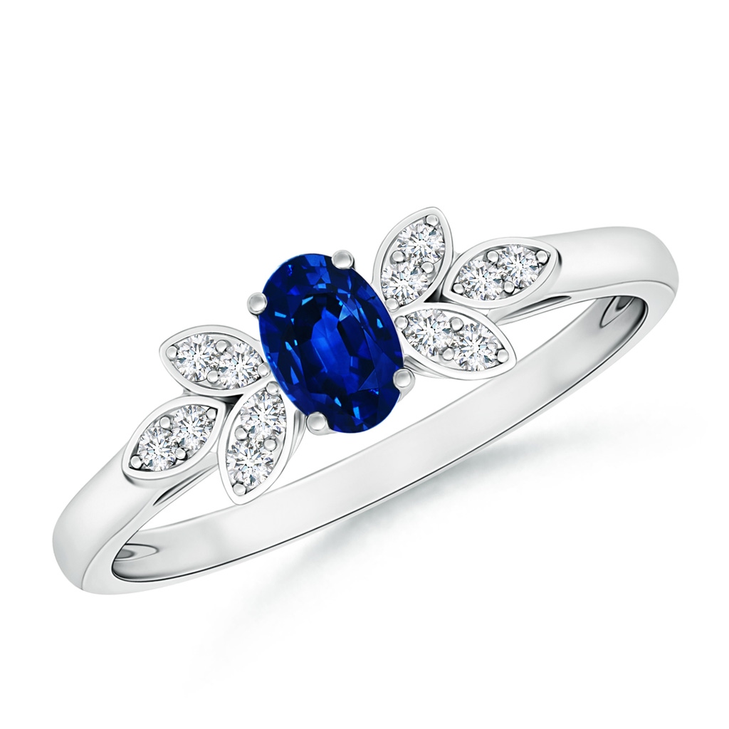 5x3mm AAAA Vintage Style Oval Blue Sapphire Ring with Diamond Accents in White Gold