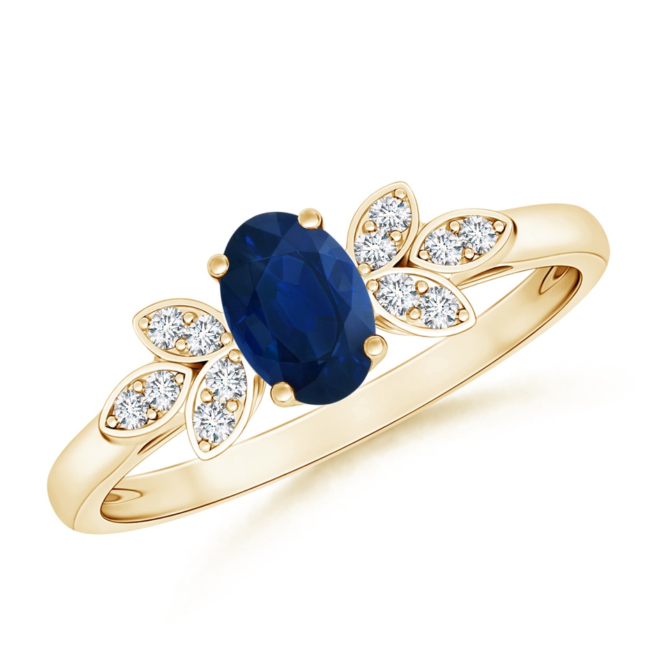 6x4mm AA Vintage Style Oval Blue Sapphire Ring with Diamond Accents in Yellow Gold 