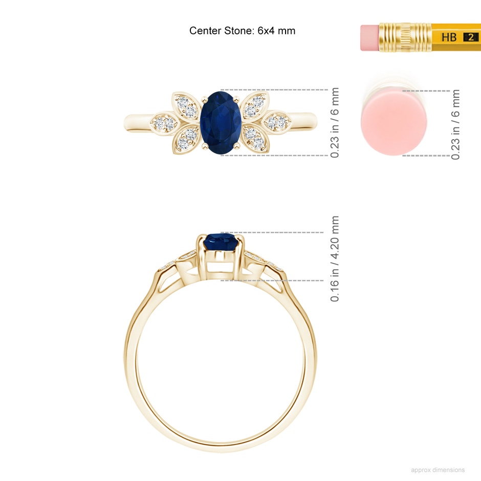 6x4mm AA Vintage Style Oval Blue Sapphire Ring with Diamond Accents in Yellow Gold ruler