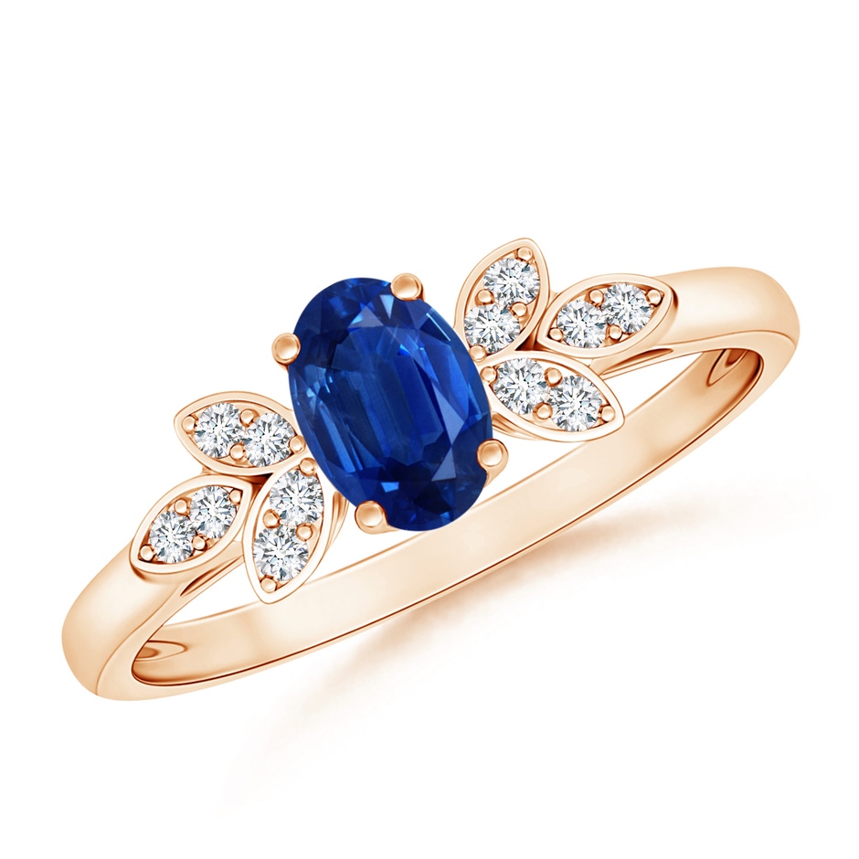 6x4mm AAA Vintage Style Oval Blue Sapphire Ring with Diamond Accents in Rose Gold 