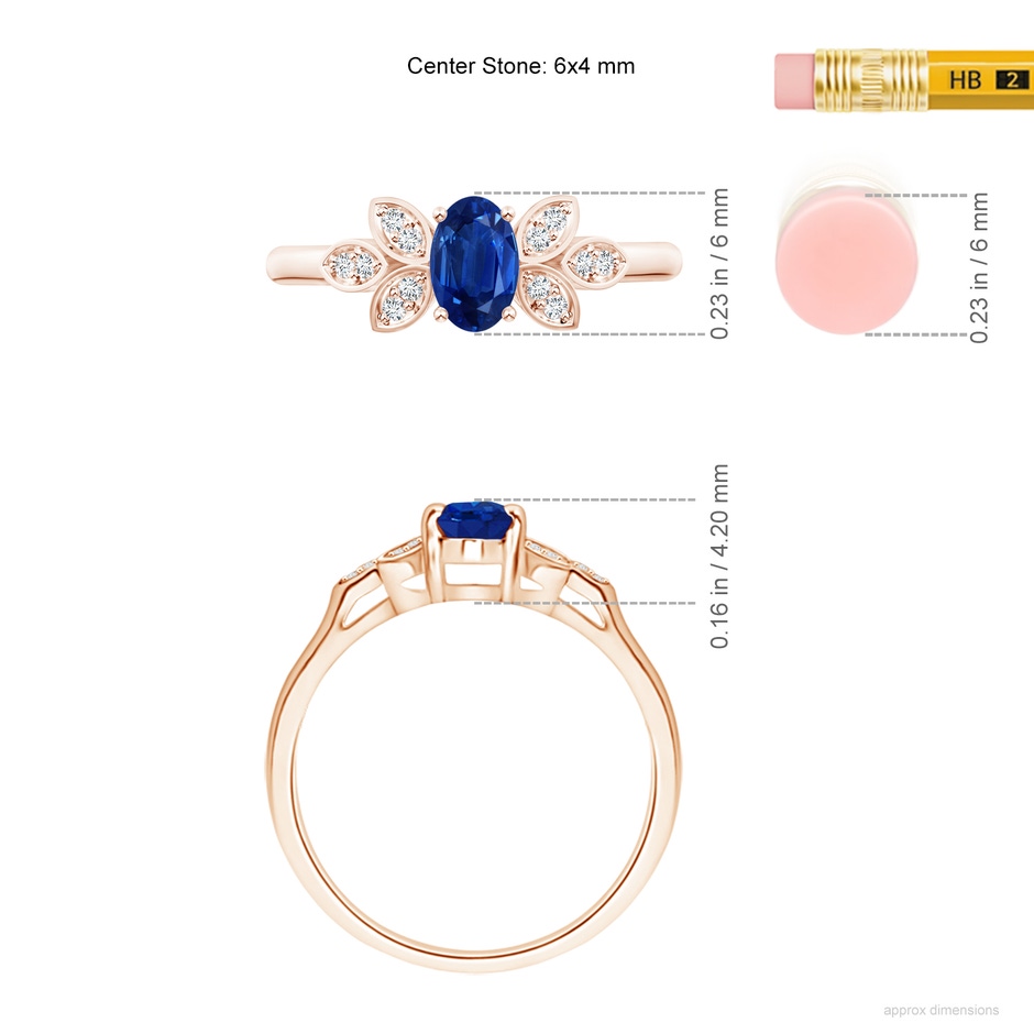 6x4mm AAA Vintage Style Oval Blue Sapphire Ring with Diamond Accents in Rose Gold ruler