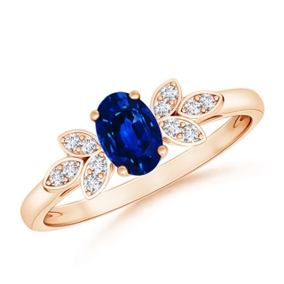 6x4mm AAAA Vintage Style Oval Blue Sapphire Ring with Diamond Accents in Rose Gold