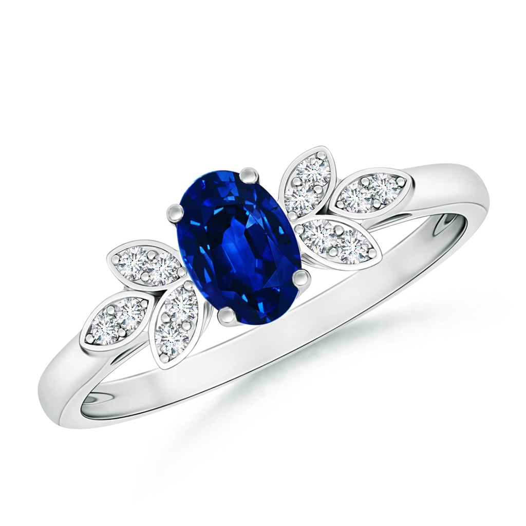 6x4mm AAAA Vintage Style Oval Blue Sapphire Ring with Diamond Accents in White Gold