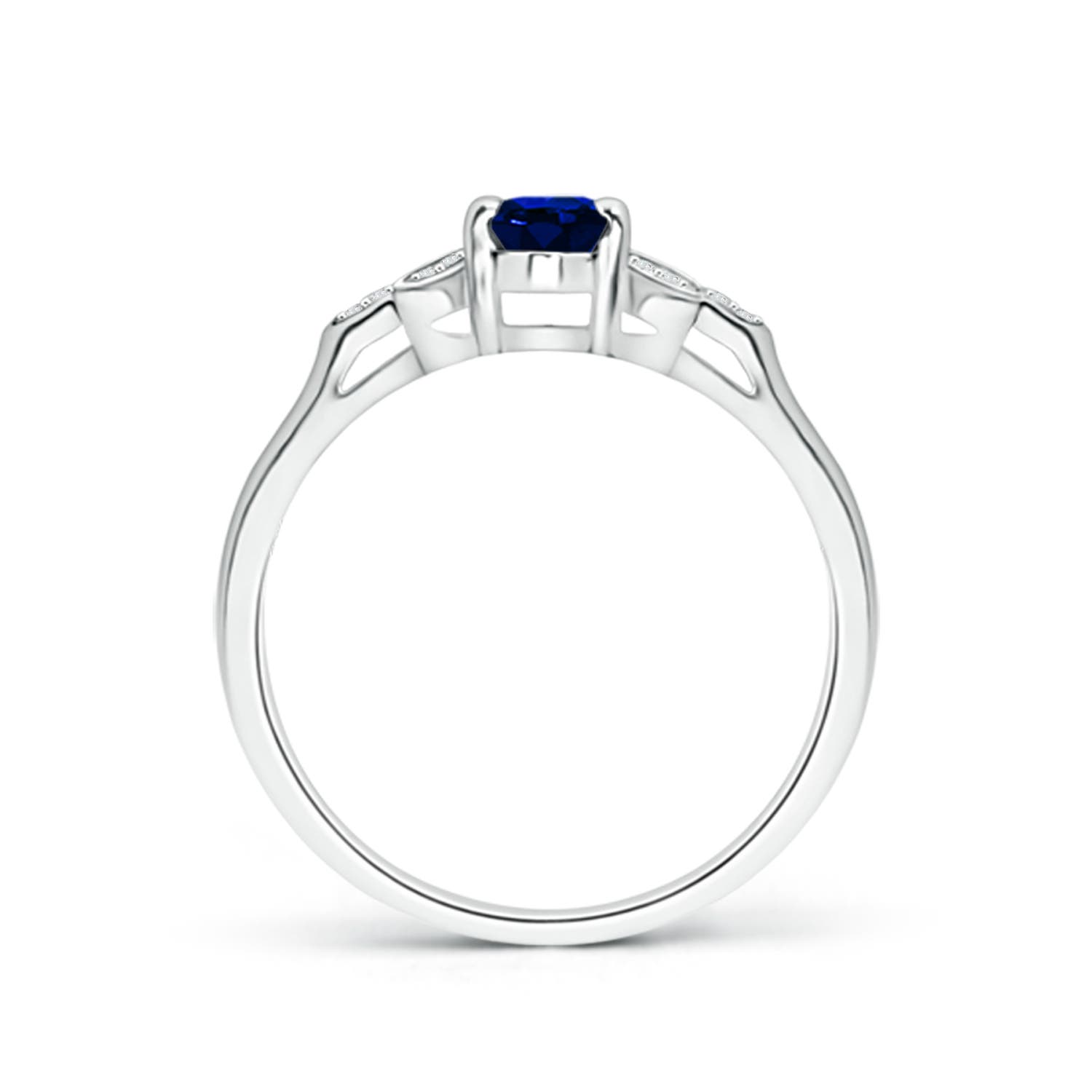6x4mm AAAA Vintage Style Oval Blue Sapphire Ring with Diamond Accents in White Gold - side 2