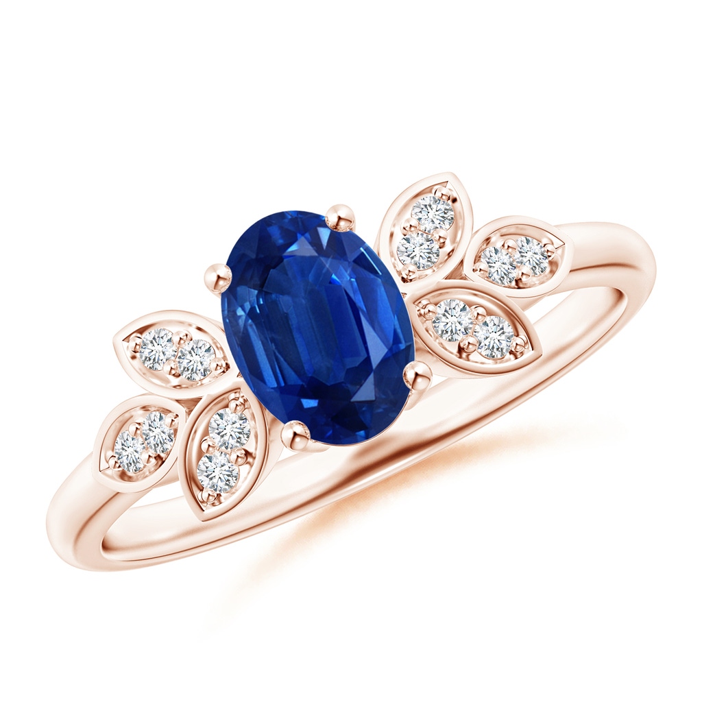 7x5mm AAA Vintage Style Oval Blue Sapphire Ring with Diamond Accents in Rose Gold 