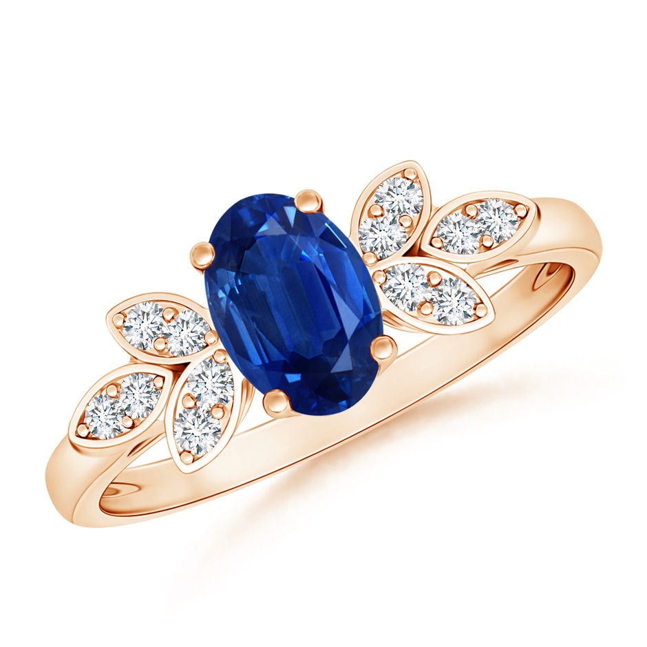 7x5mm AAA Vintage Style Oval Blue Sapphire Ring with Diamond Accents in Rose Gold 