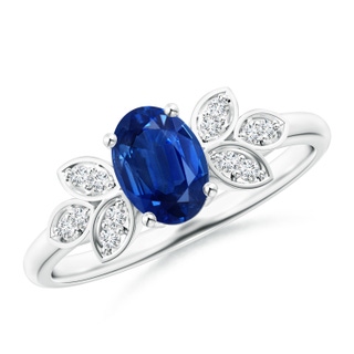 7x5mm AAA Vintage Style Oval Blue Sapphire Ring with Diamond Accents in White Gold