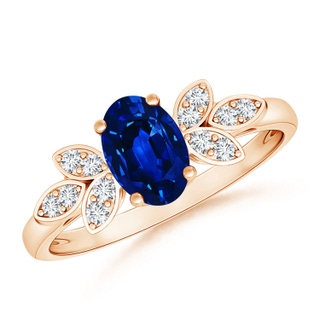 7x5mm AAAA Vintage Style Oval Blue Sapphire Ring with Diamond Accents in 9K Rose Gold