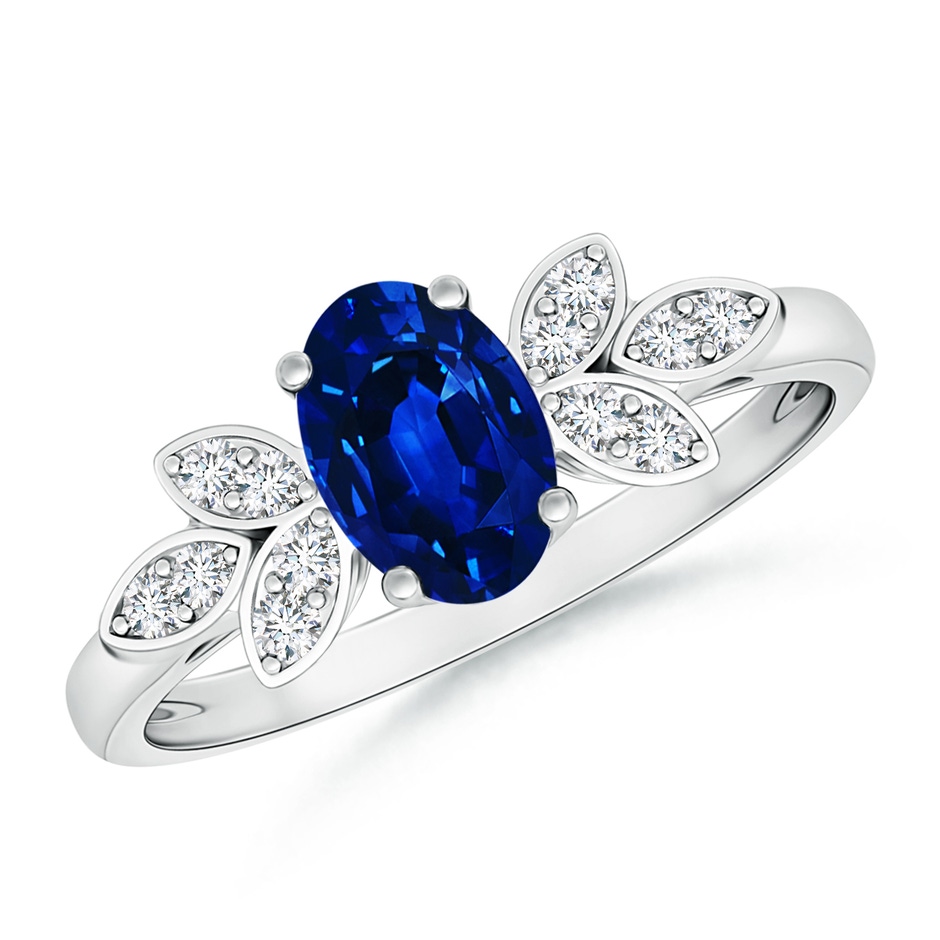 7x5mm AAAA Vintage Style Oval Blue Sapphire Ring with Diamond Accents in White Gold 