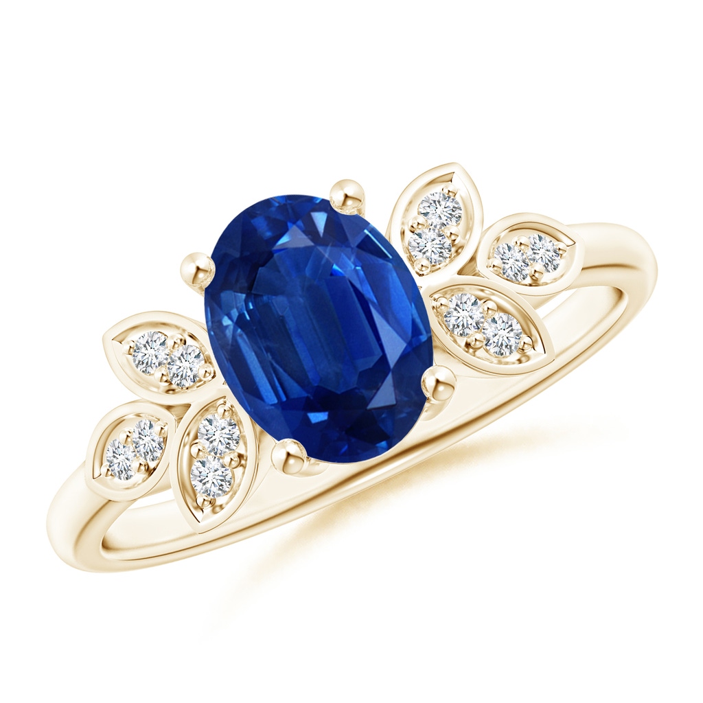 8x6mm AAA Vintage Style Oval Blue Sapphire Ring with Diamond Accents in Yellow Gold