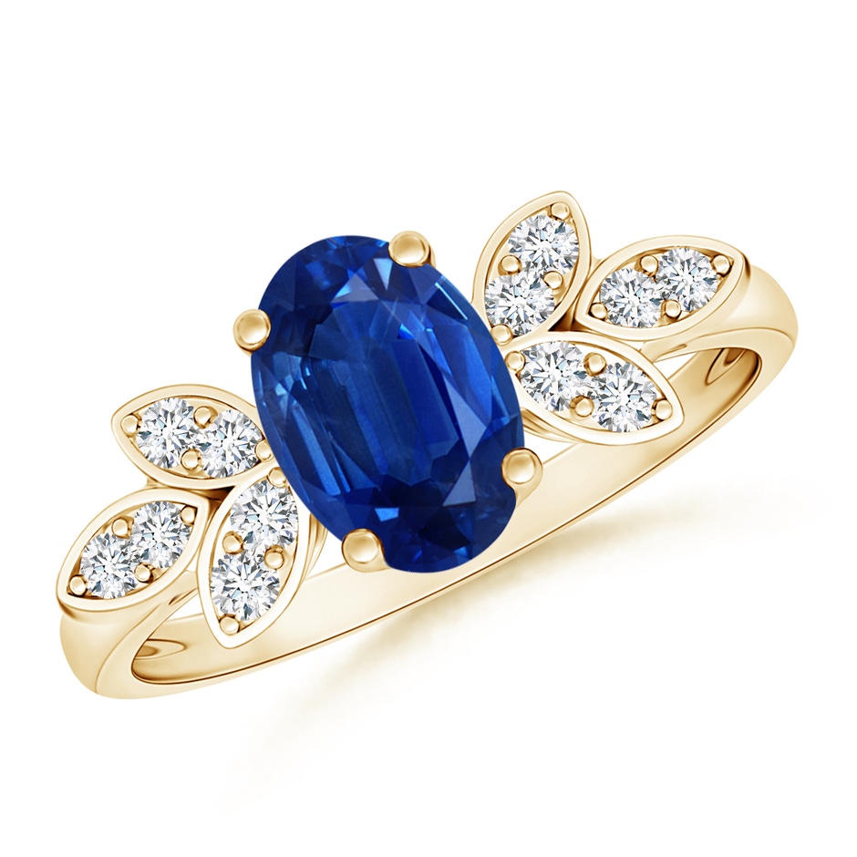 8x6mm AAA Vintage Style Oval Blue Sapphire Ring with Diamond Accents in Yellow Gold 