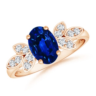 8x6mm AAAA Vintage Style Oval Blue Sapphire Ring with Diamond Accents in 9K Rose Gold