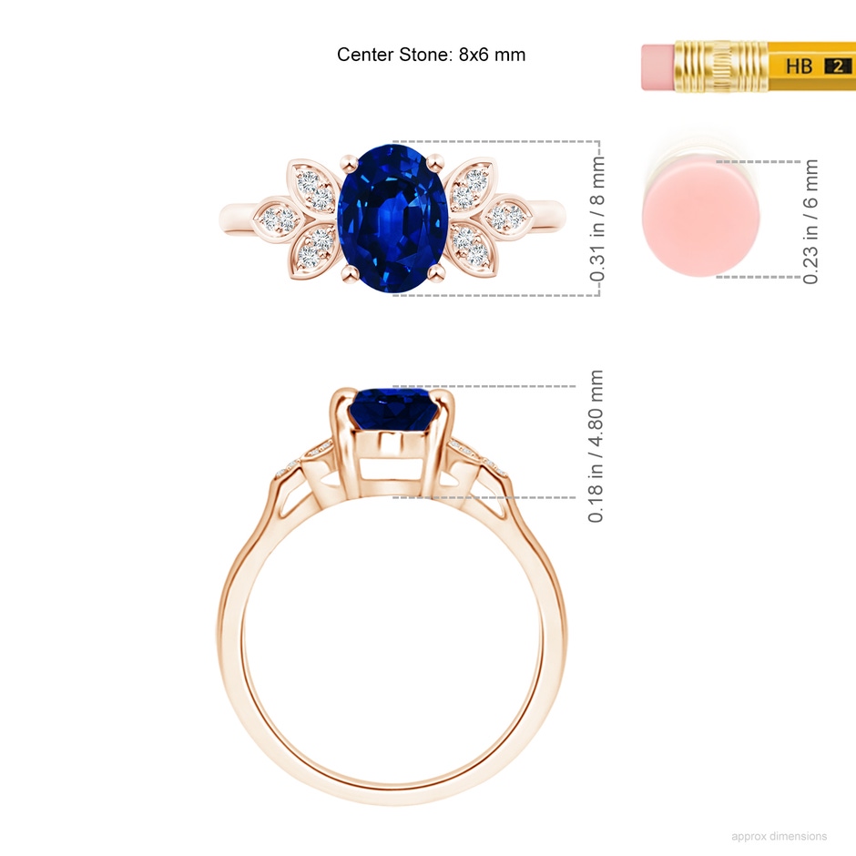 8x6mm AAAA Vintage Style Oval Blue Sapphire Ring with Diamond Accents in Rose Gold ruler
