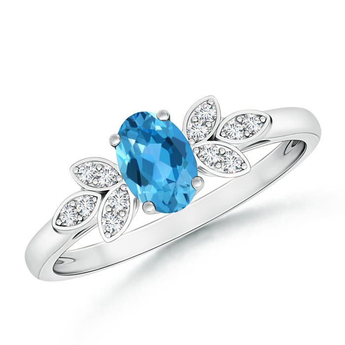 6x4mm AAA Vintage Style Oval Swiss Blue Topaz Ring with Diamond Accents in P950 Platinum