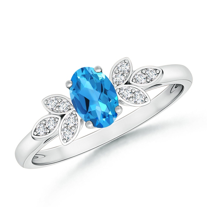 6x4mm AAAA Vintage Style Oval Swiss Blue Topaz Ring with Diamond Accents in White Gold 