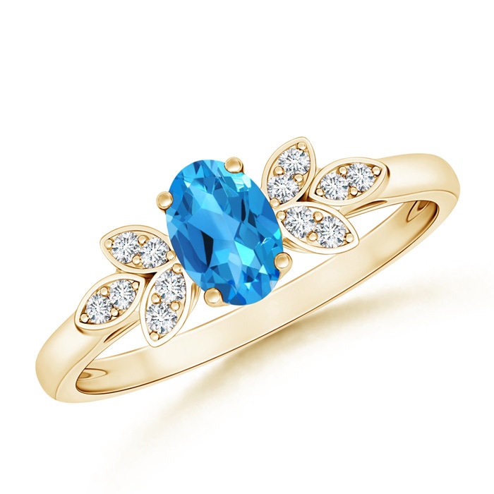 6x4mm AAAA Vintage Style Oval Swiss Blue Topaz Ring with Diamond Accents in Yellow Gold